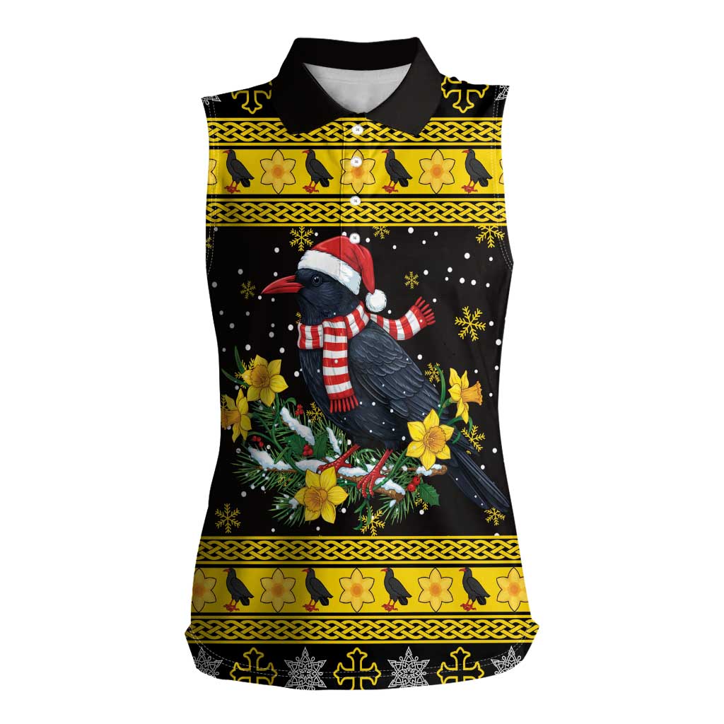 Flintshire Wales Christmas Women Sleeveless Polo Shirt Welsh Red-billed Chough with Daffodil - Wonder Print Shop