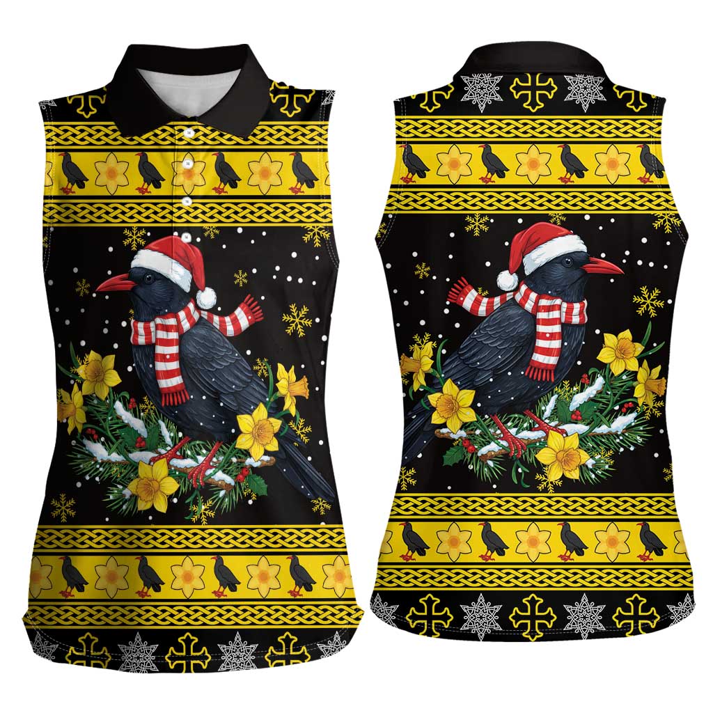 Flintshire Wales Christmas Women Sleeveless Polo Shirt Welsh Red-billed Chough with Daffodil - Wonder Print Shop