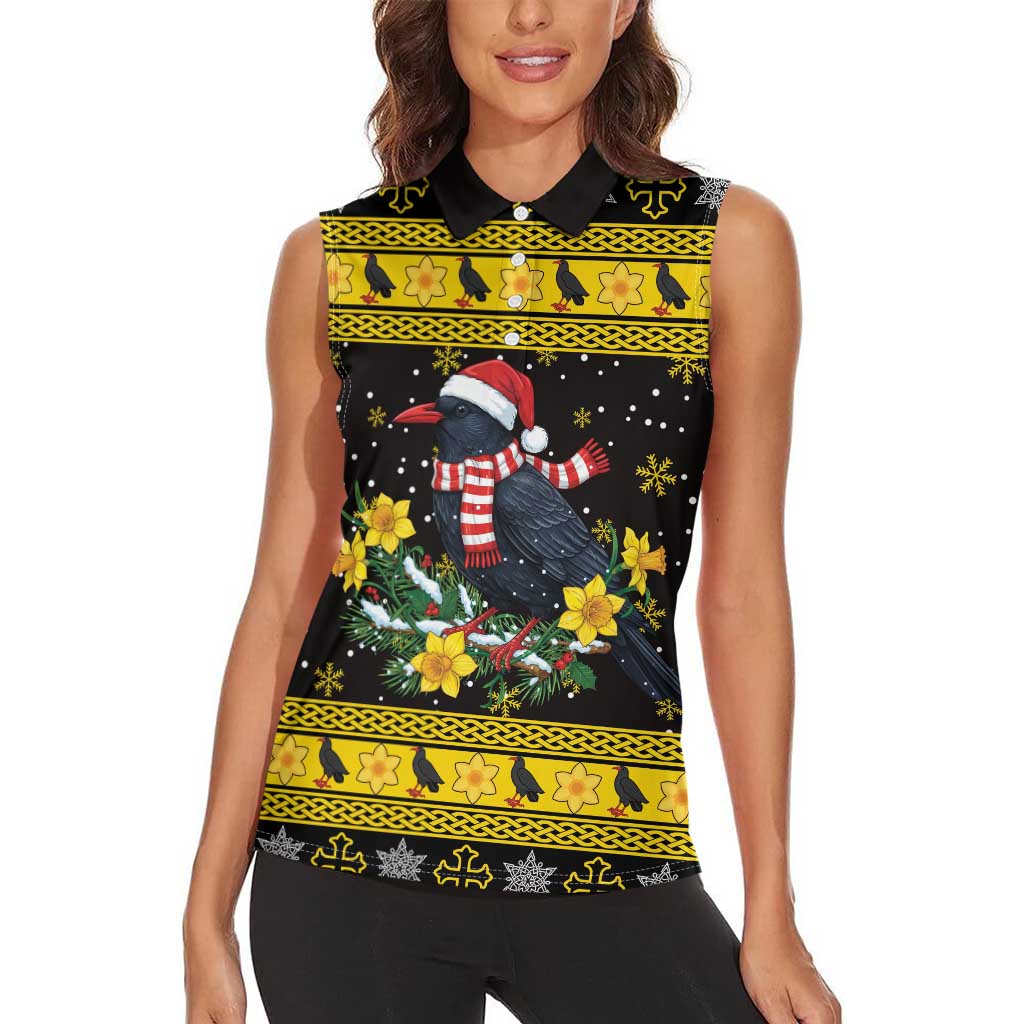 Flintshire Wales Christmas Women Sleeveless Polo Shirt Welsh Red-billed Chough with Daffodil - Wonder Print Shop