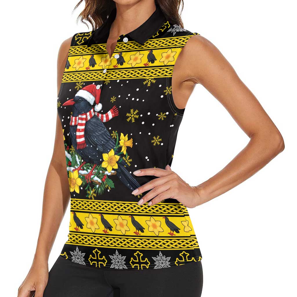 Flintshire Wales Christmas Women Sleeveless Polo Shirt Welsh Red-billed Chough with Daffodil - Wonder Print Shop