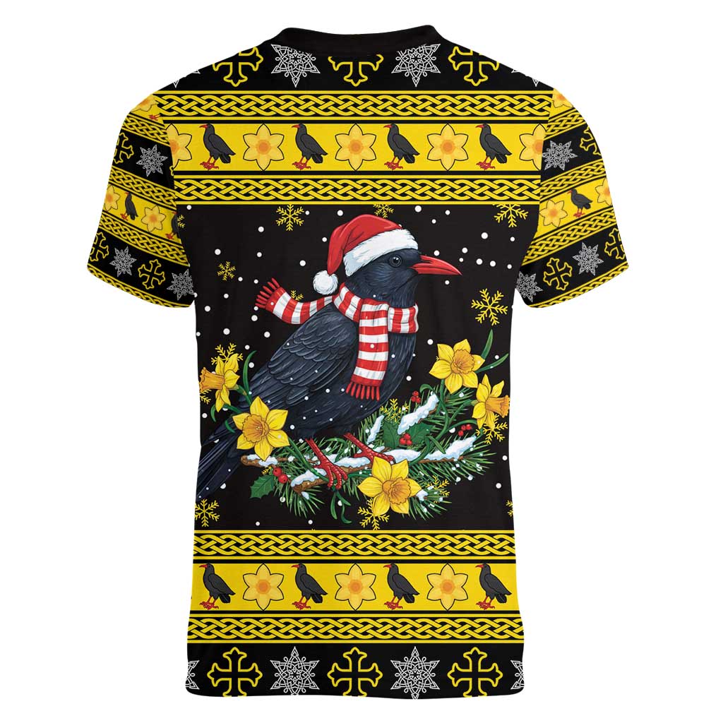 Flintshire Wales Christmas Women V-Neck T-Shirt Welsh Red-billed Chough with Daffodil - Wonder Print Shop