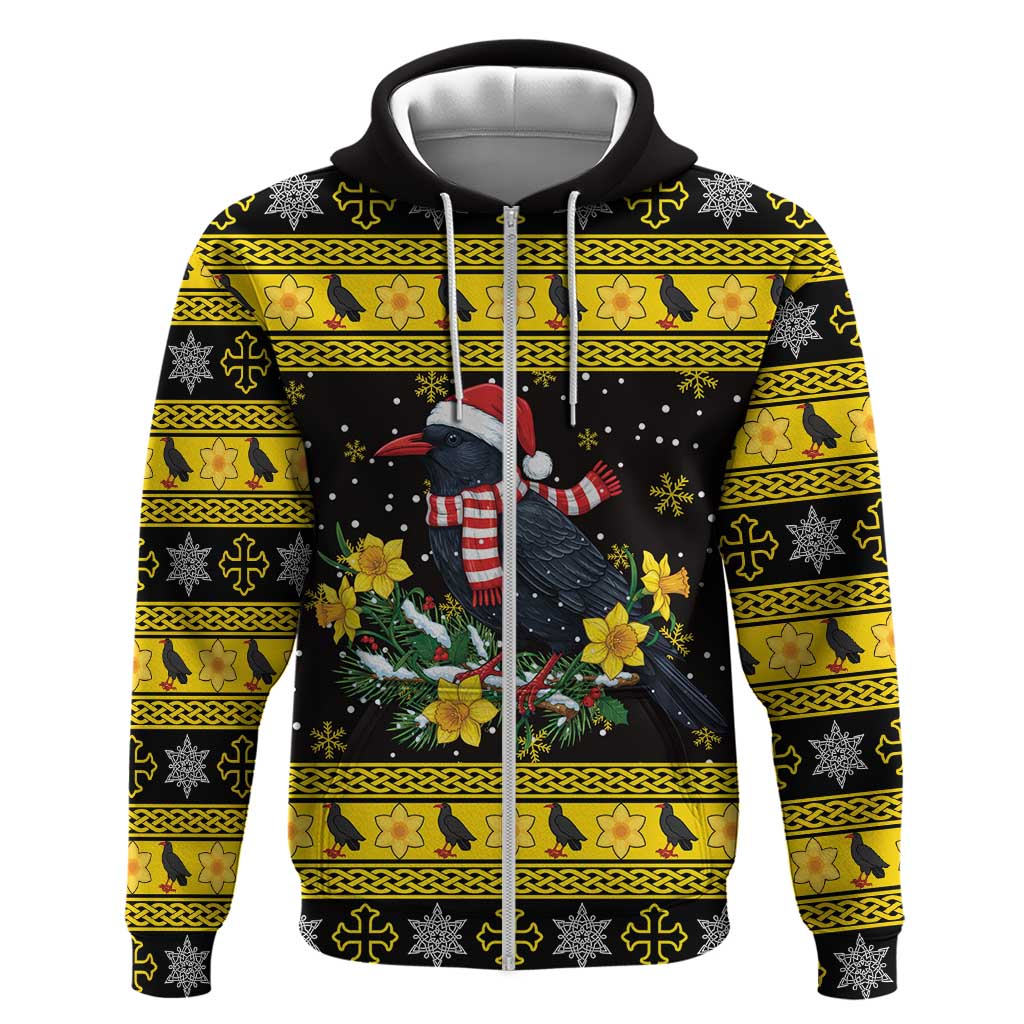 Flintshire Wales Christmas Zip Hoodie Welsh Red-billed Chough with Daffodil - Wonder Print Shop
