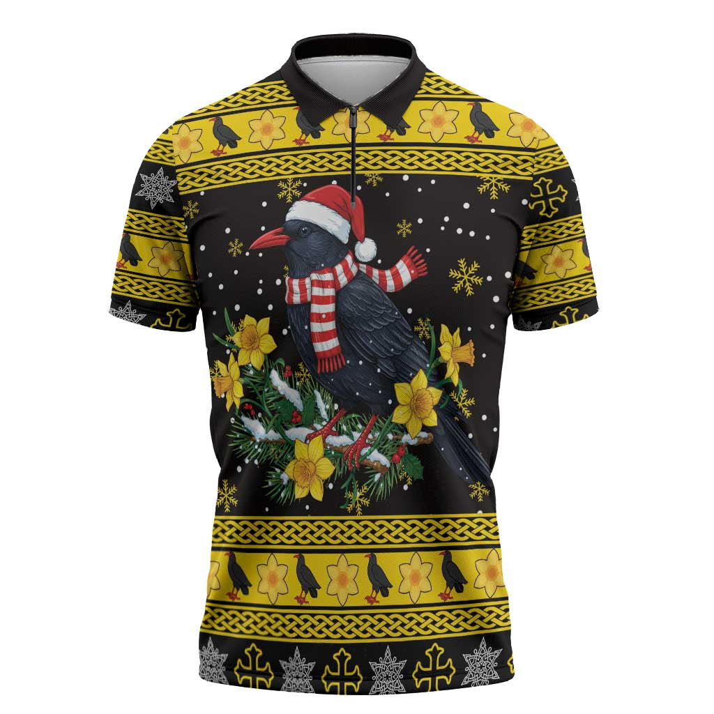 Flintshire Wales Christmas Zipper Polo Shirt Welsh Red-billed Chough with Daffodil - Wonder Print Shop