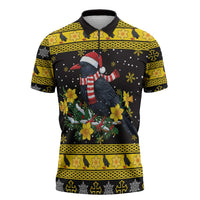Flintshire Wales Christmas Zipper Polo Shirt Welsh Red-billed Chough with Daffodil - Wonder Print Shop