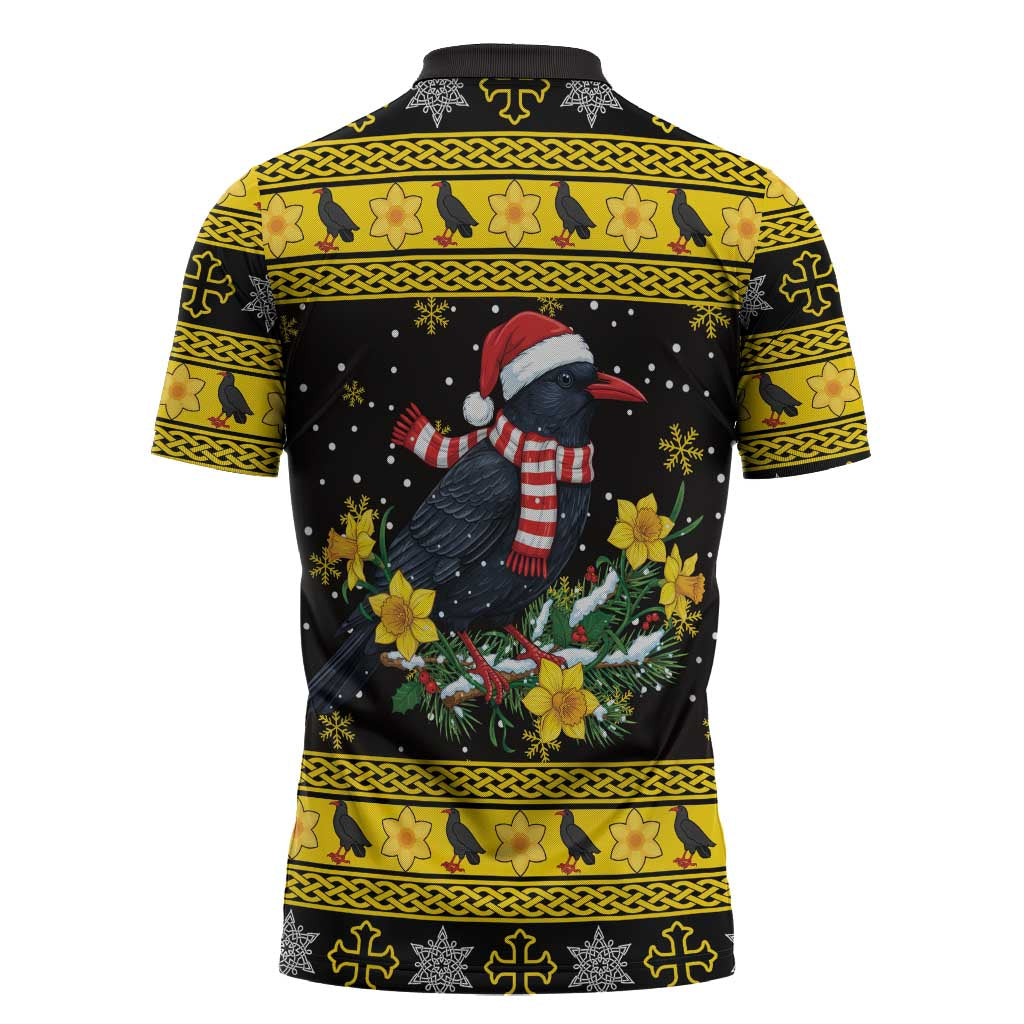 Flintshire Wales Christmas Zipper Polo Shirt Welsh Red-billed Chough with Daffodil - Wonder Print Shop