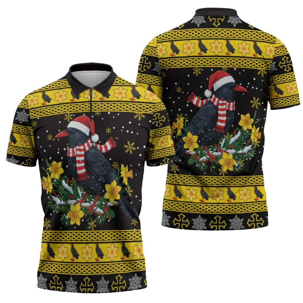 Flintshire Wales Christmas Zipper Polo Shirt Welsh Red-billed Chough with Daffodil - Wonder Print Shop