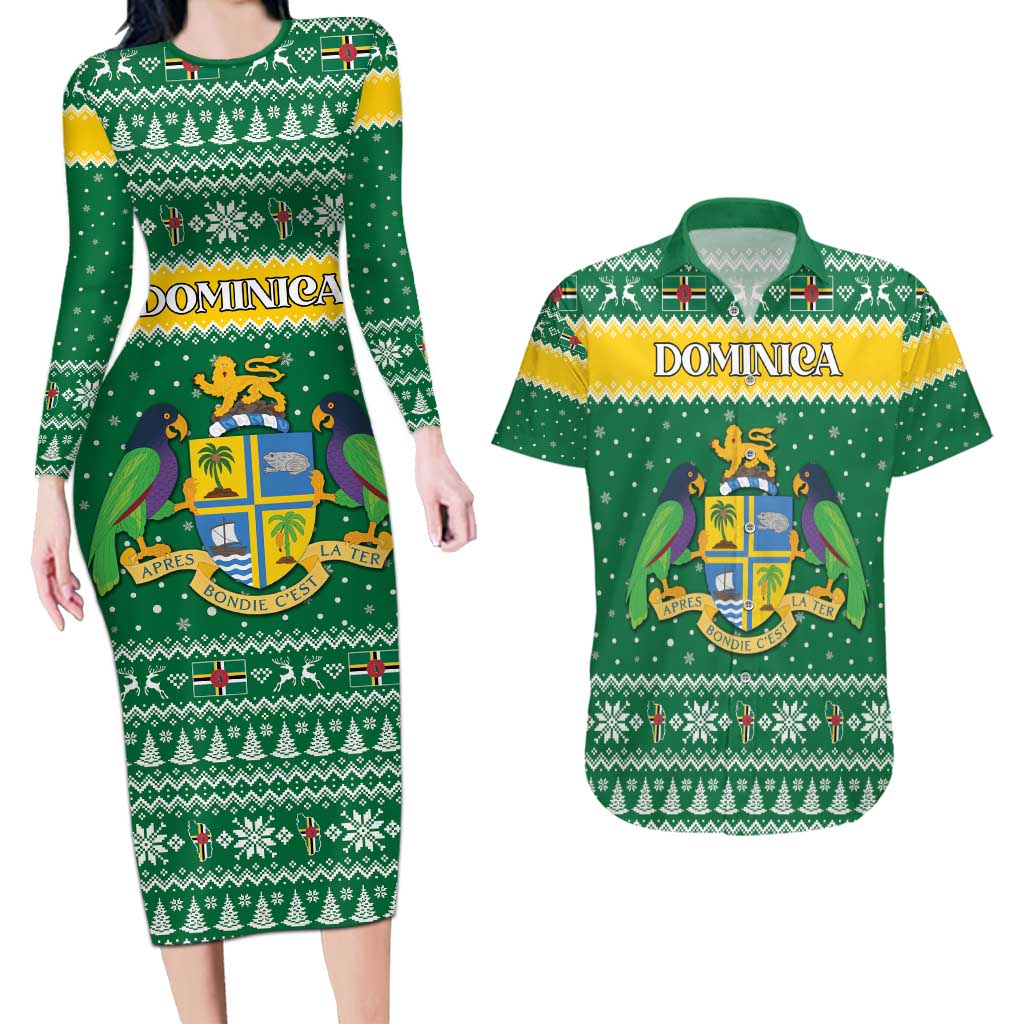 Personalized Dominica Christmas Couples Matching Long Sleeve Bodycon Dress and Hawaiian Shirt Coat of Arms Style - Wonder Print Shop