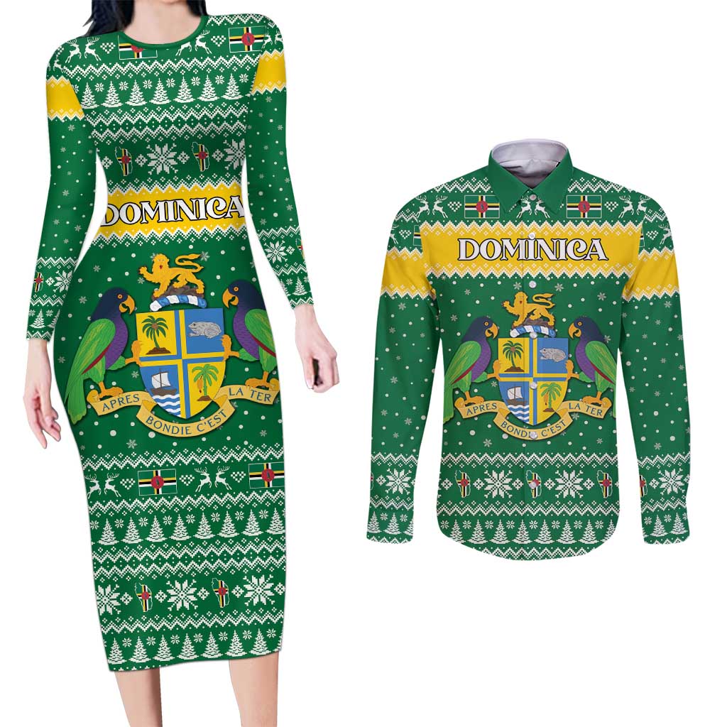 Personalized Dominica Christmas Couples Matching Long Sleeve Bodycon Dress and Long Sleeve Button Shirt Coat of Arms Style - Wonder Print Shop