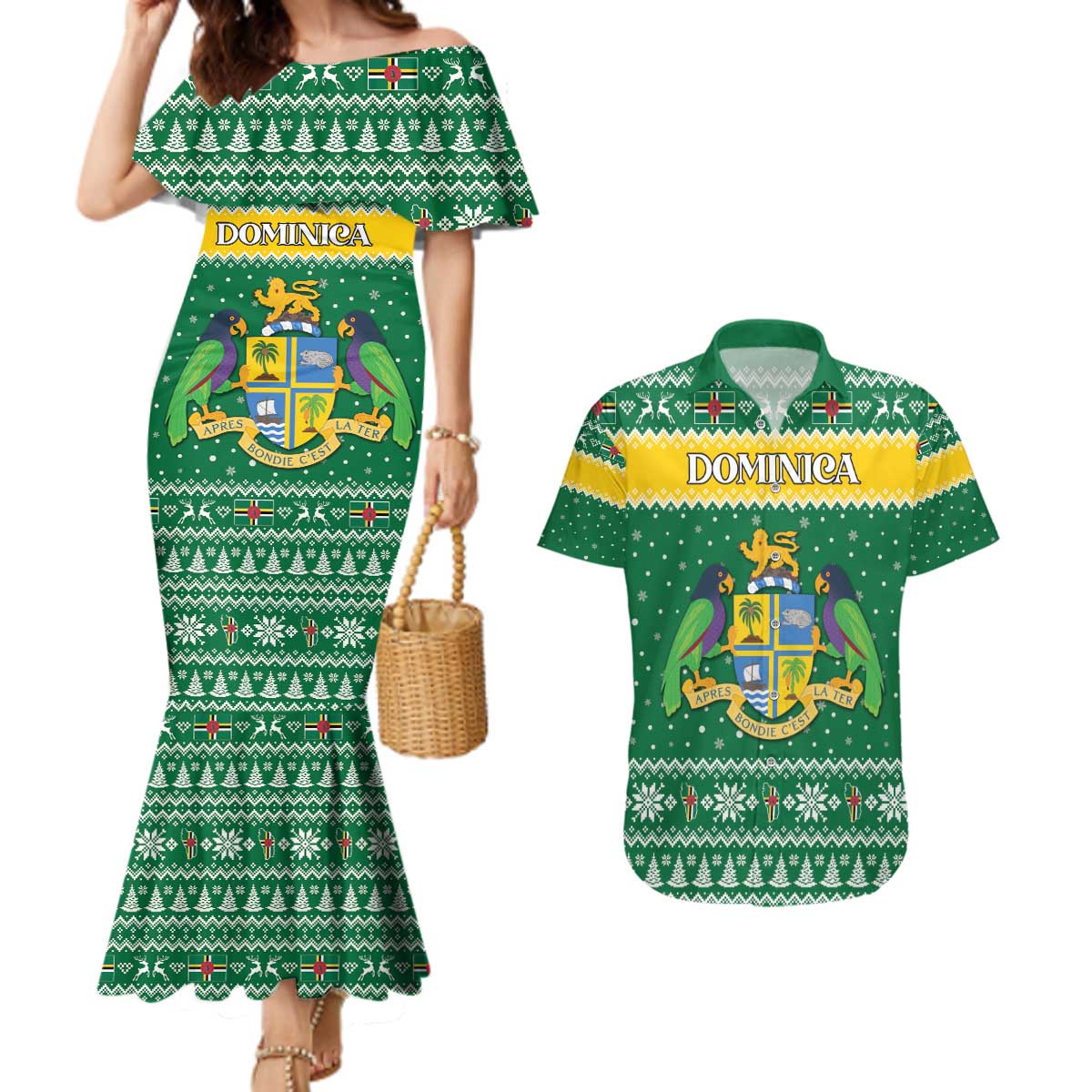 Personalized Dominica Christmas Couples Matching Mermaid Dress and Hawaiian Shirt Coat of Arms Style - Wonder Print Shop
