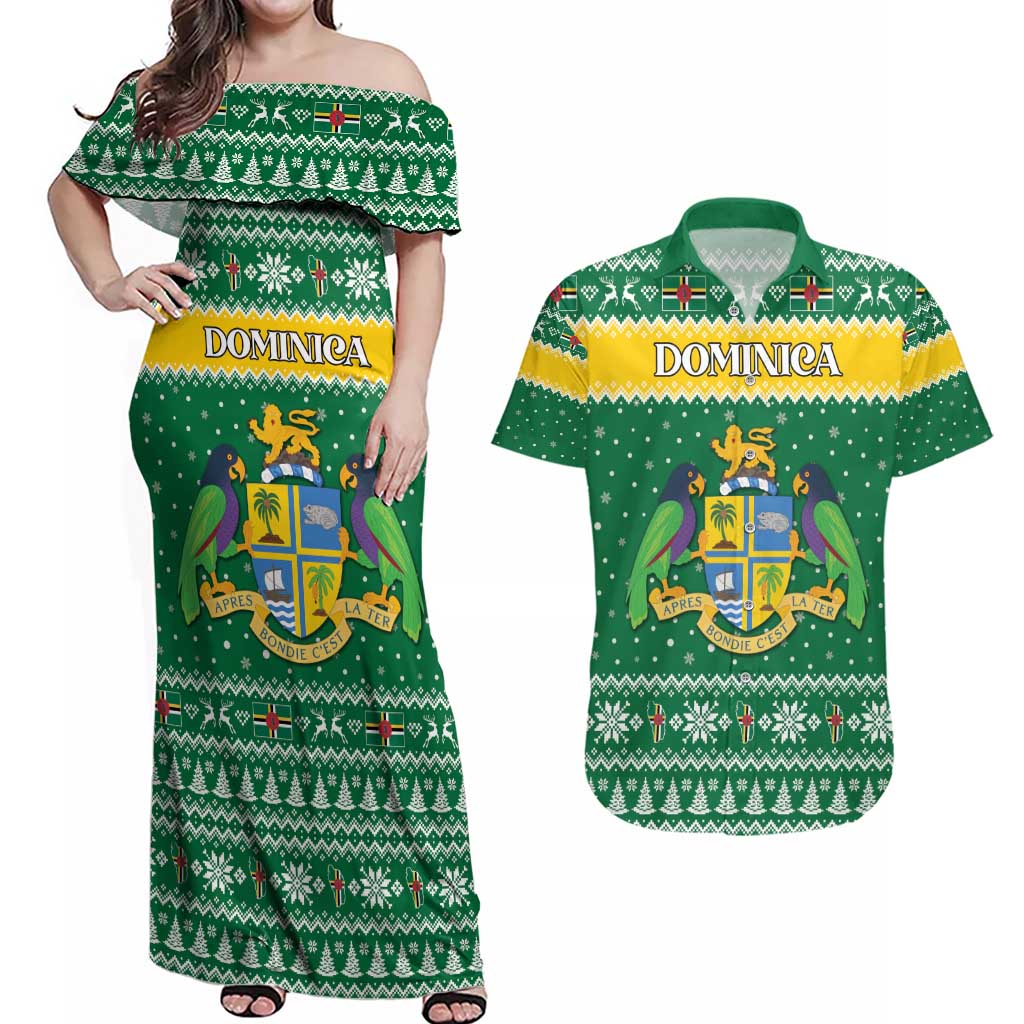 Personalized Dominica Christmas Couples Matching Off Shoulder Maxi Dress and Hawaiian Shirt Coat of Arms Style - Wonder Print Shop