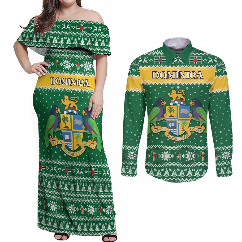 Personalized Dominica Christmas Couples Matching Off Shoulder Maxi Dress and Long Sleeve Button Shirt Coat of Arms Style - Wonder Print Shop