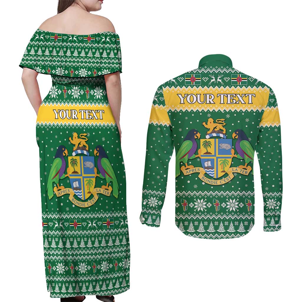 Personalized Dominica Christmas Couples Matching Off Shoulder Maxi Dress and Long Sleeve Button Shirt Coat of Arms Style - Wonder Print Shop