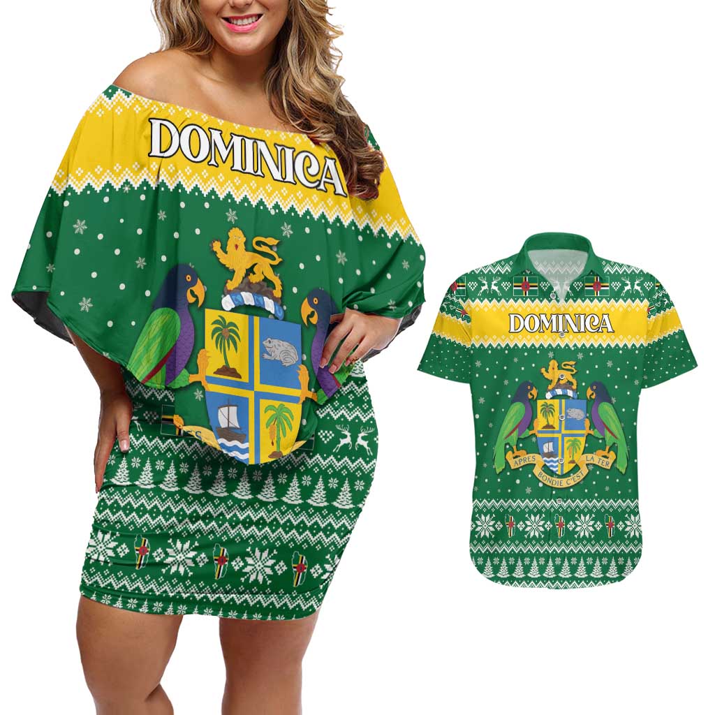 Personalized Dominica Christmas Couples Matching Off Shoulder Short Dress and Hawaiian Shirt Coat of Arms Style - Wonder Print Shop