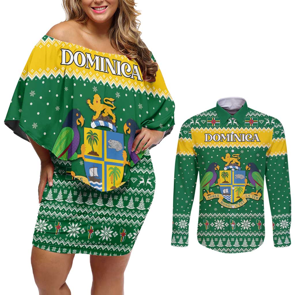 Personalized Dominica Christmas Couples Matching Off Shoulder Short Dress and Long Sleeve Button Shirt Coat of Arms Style - Wonder Print Shop