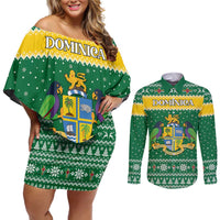 Personalized Dominica Christmas Couples Matching Off Shoulder Short Dress and Long Sleeve Button Shirt Coat of Arms Style - Wonder Print Shop