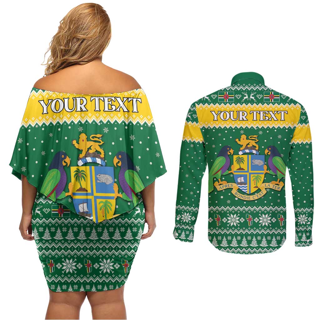 Personalized Dominica Christmas Couples Matching Off Shoulder Short Dress and Long Sleeve Button Shirt Coat of Arms Style - Wonder Print Shop