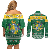 Personalized Dominica Christmas Couples Matching Off Shoulder Short Dress and Long Sleeve Button Shirt Coat of Arms Style - Wonder Print Shop