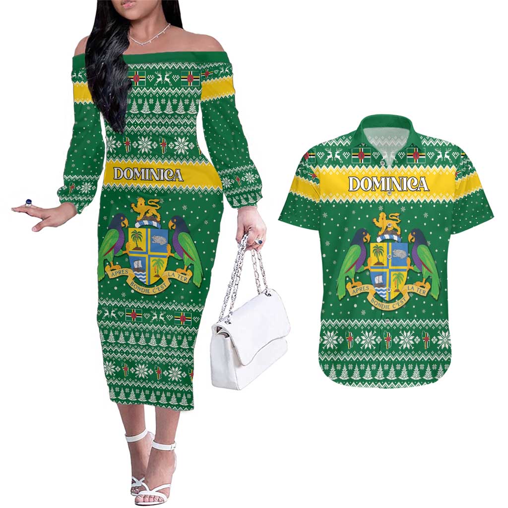 Personalized Dominica Christmas Couples Matching Off The Shoulder Long Sleeve Dress and Hawaiian Shirt Coat of Arms Style - Wonder Print Shop