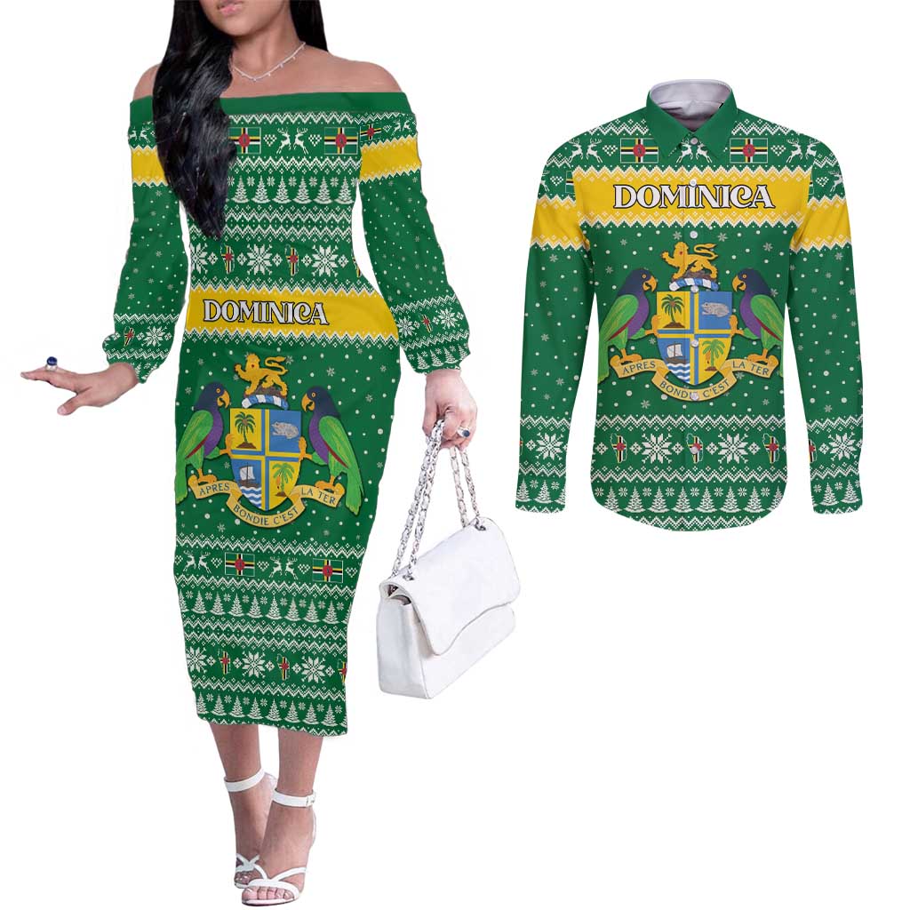 Personalized Dominica Christmas Couples Matching Off The Shoulder Long Sleeve Dress and Long Sleeve Button Shirt Coat of Arms Style - Wonder Print Shop