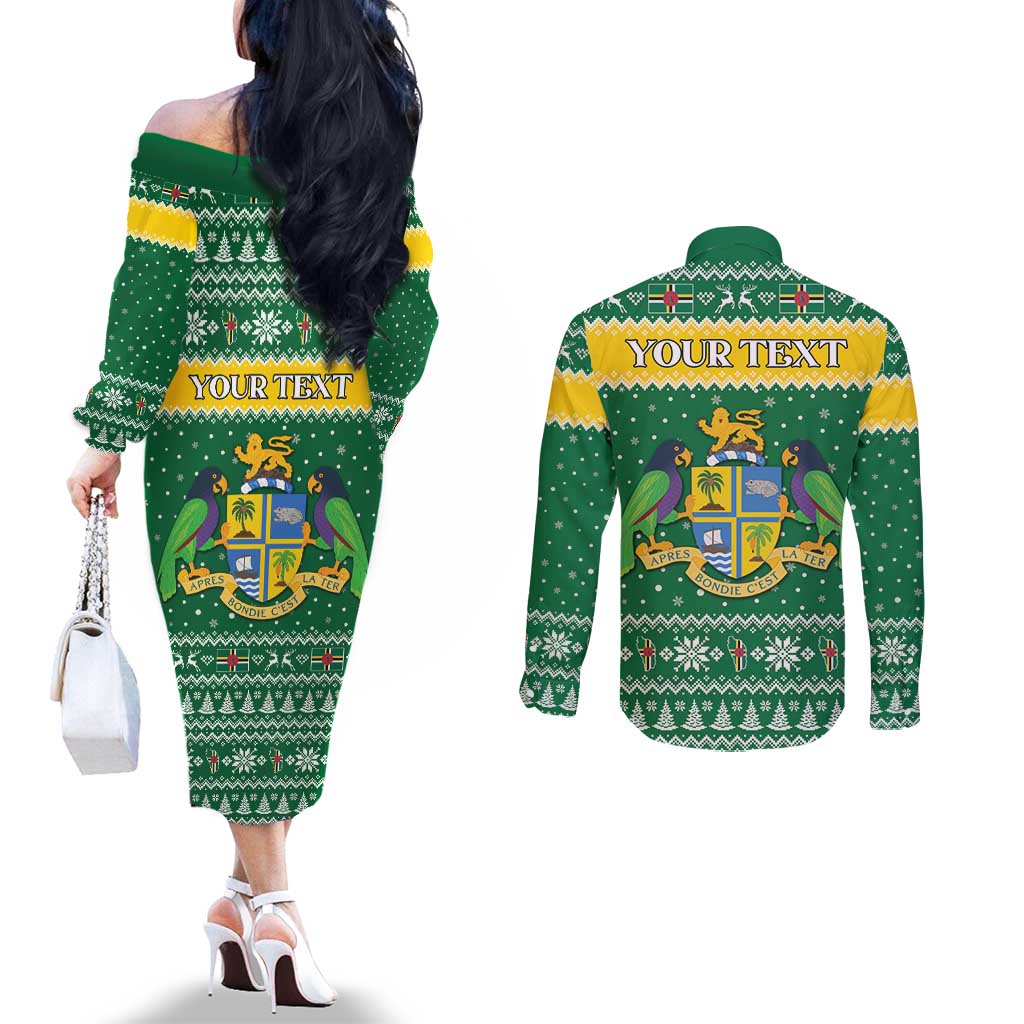 Personalized Dominica Christmas Couples Matching Off The Shoulder Long Sleeve Dress and Long Sleeve Button Shirt Coat of Arms Style - Wonder Print Shop