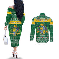 Personalized Dominica Christmas Couples Matching Off The Shoulder Long Sleeve Dress and Long Sleeve Button Shirt Coat of Arms Style - Wonder Print Shop
