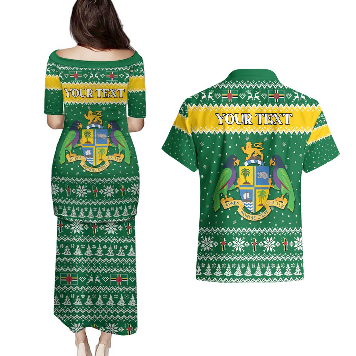 Personalized Dominica Christmas Couples Matching Puletasi and Hawaiian Shirt Coat of Arms Style - Wonder Print Shop