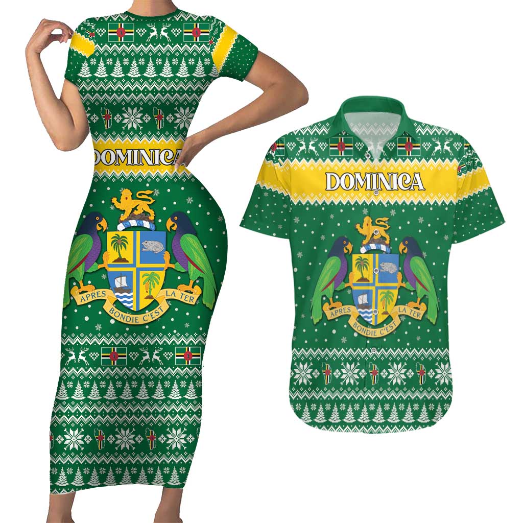 Personalized Dominica Christmas Couples Matching Short Sleeve Bodycon Dress and Hawaiian Shirt Coat of Arms Style - Wonder Print Shop