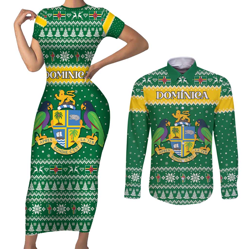 Personalized Dominica Christmas Couples Matching Short Sleeve Bodycon Dress and Long Sleeve Button Shirt Coat of Arms Style - Wonder Print Shop