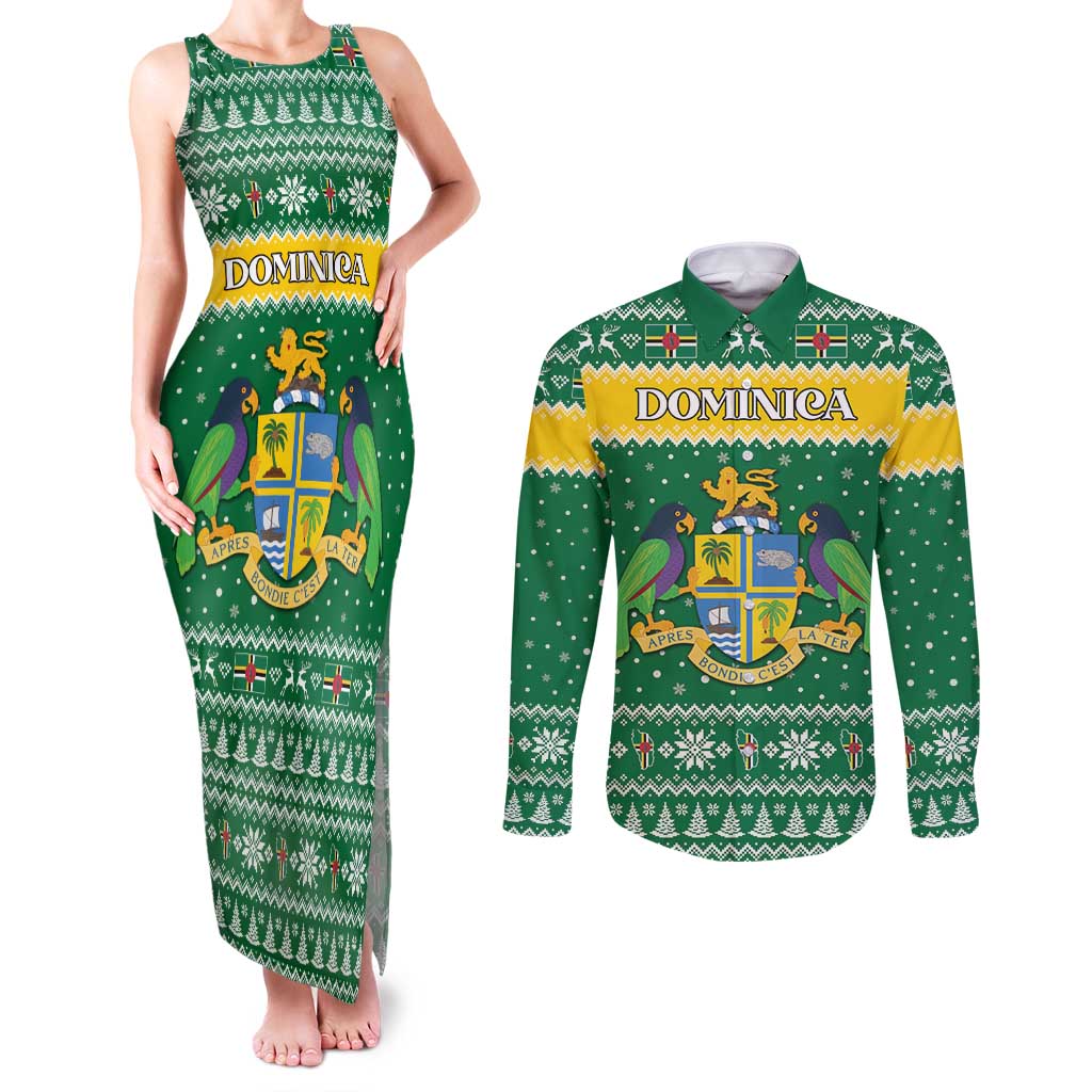 Personalized Dominica Christmas Couples Matching Tank Maxi Dress and Long Sleeve Button Shirt Coat of Arms Style - Wonder Print Shop