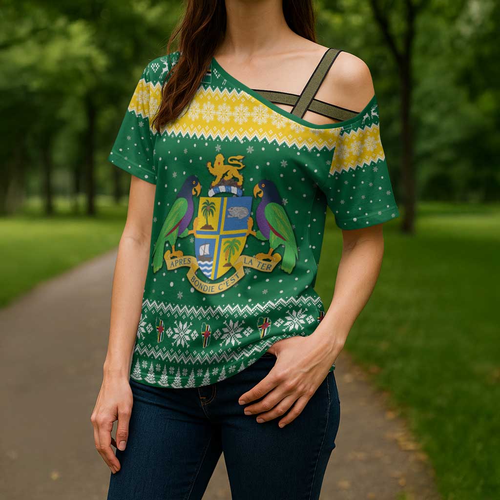 Personalized Dominica Christmas Cross Shoulder Shirt Coat of Arms Style - Wonder Print Shop