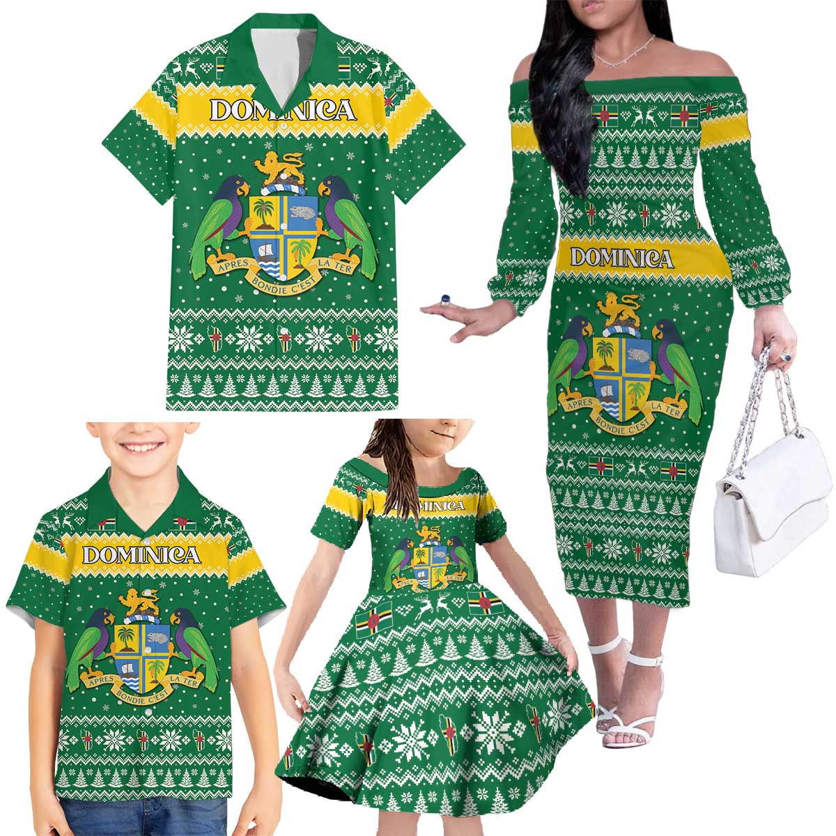 Personalized Dominica Christmas Family Matching Off The Shoulder Long Sleeve Dress and Hawaiian Shirt Coat of Arms Style - Wonder Print Shop