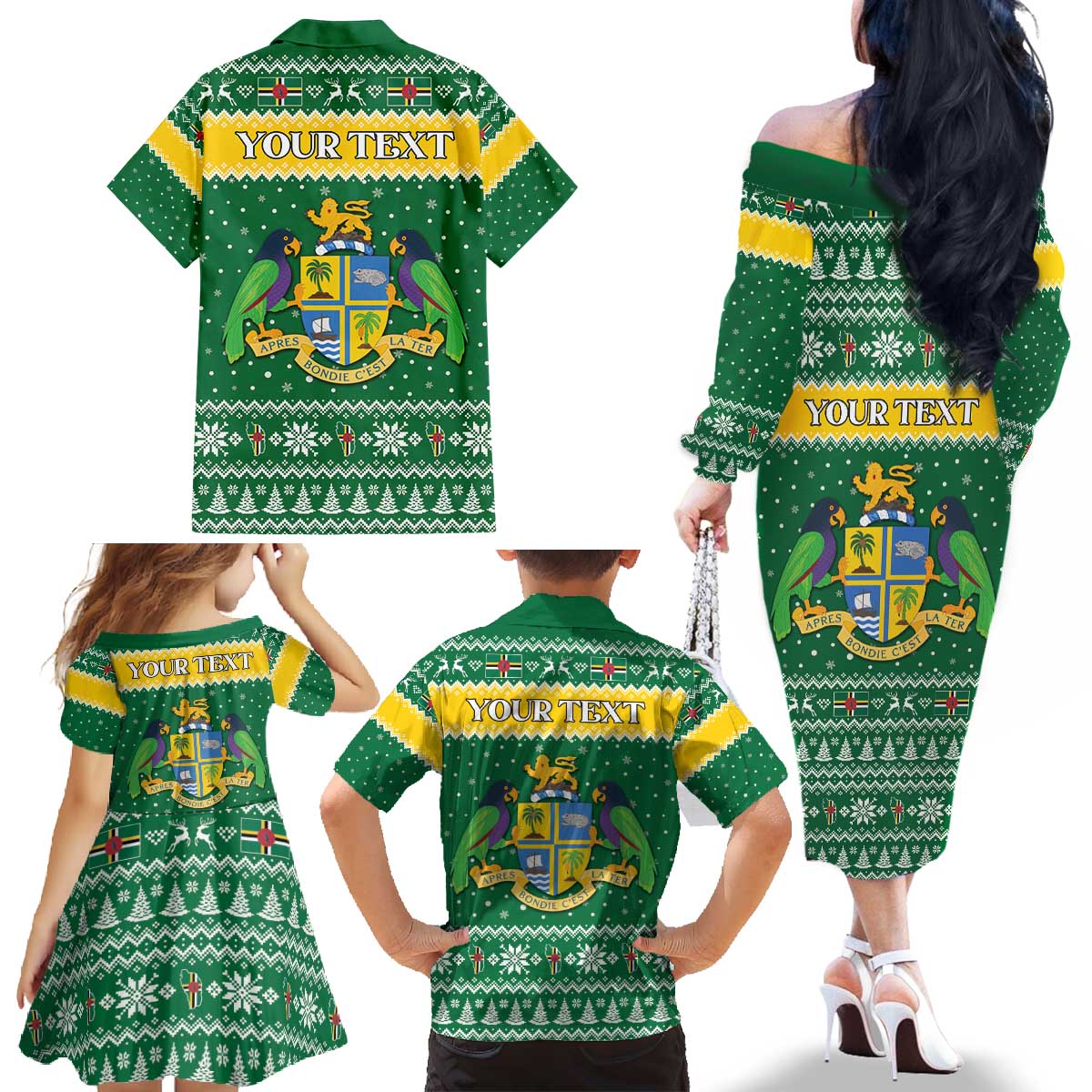 Personalized Dominica Christmas Family Matching Off The Shoulder Long Sleeve Dress and Hawaiian Shirt Coat of Arms Style - Wonder Print Shop