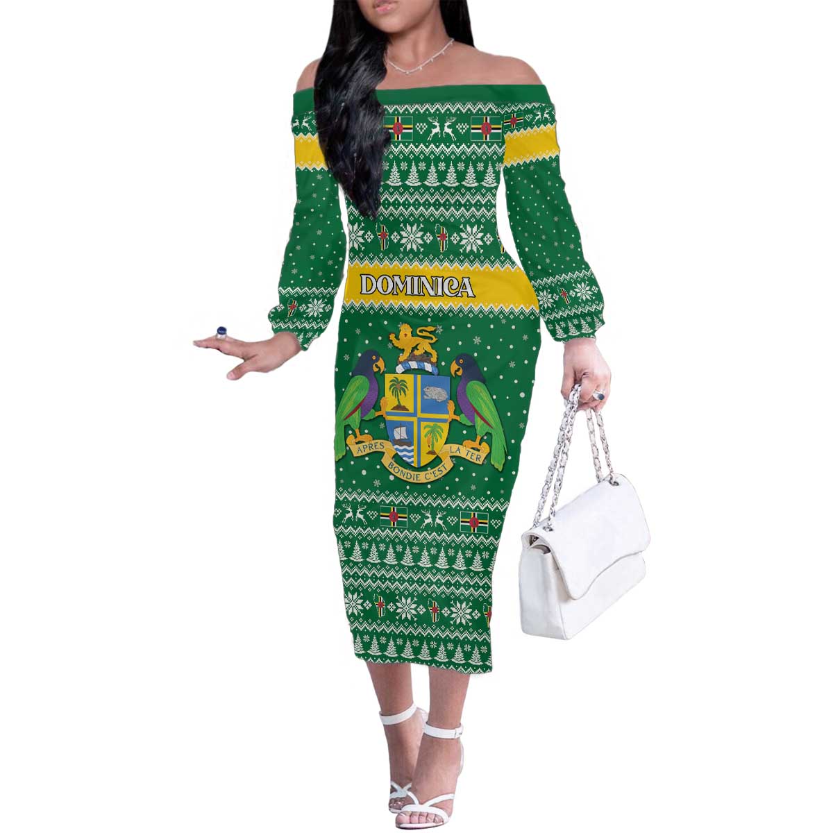 Personalized Dominica Christmas Family Matching Off The Shoulder Long Sleeve Dress and Hawaiian Shirt Coat of Arms Style - Wonder Print Shop