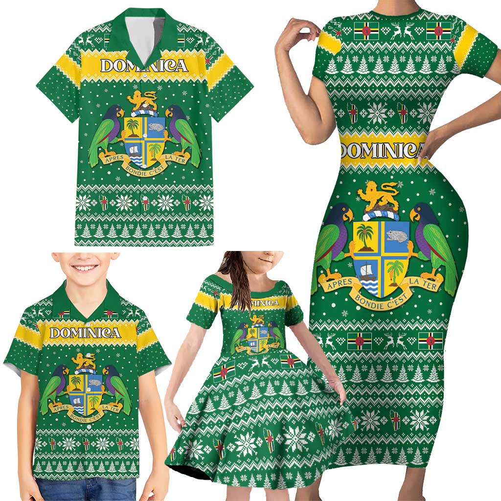 Personalized Dominica Christmas Family Matching Short Sleeve Bodycon Dress and Hawaiian Shirt Coat of Arms Style - Wonder Print Shop