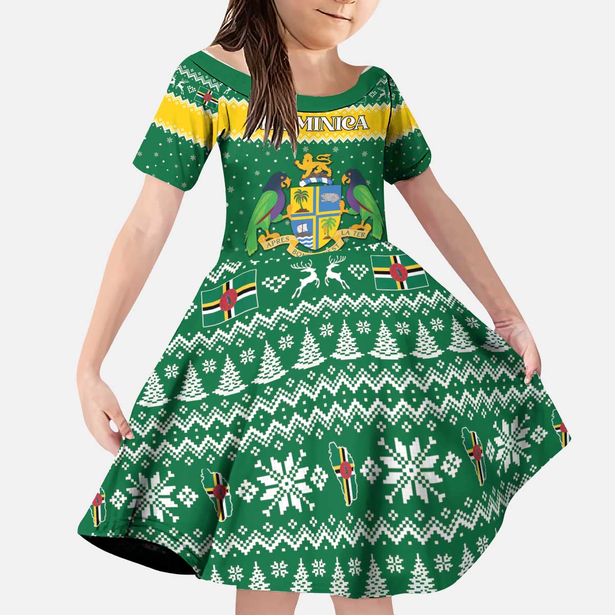 Personalized Dominica Christmas Kid Short Sleeve Dress Coat of Arms Style - Wonder Print Shop