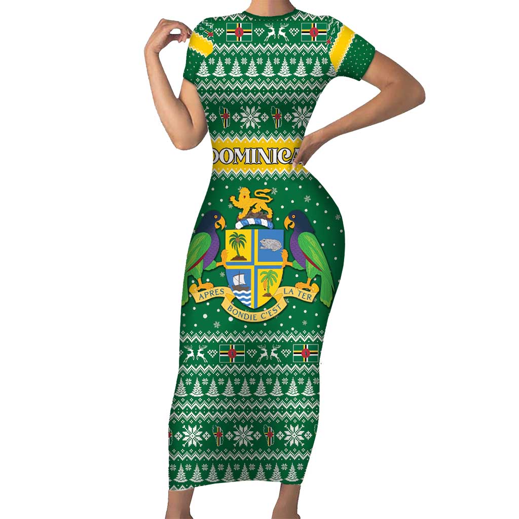 Personalized Dominica Christmas Short Sleeve Bodycon Dress Coat of Arms Style - Wonder Print Shop