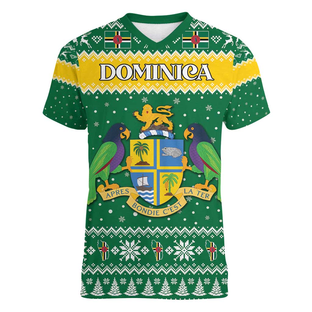 Personalized Dominica Christmas Women V-Neck T-Shirt Coat of Arms Style - Wonder Print Shop