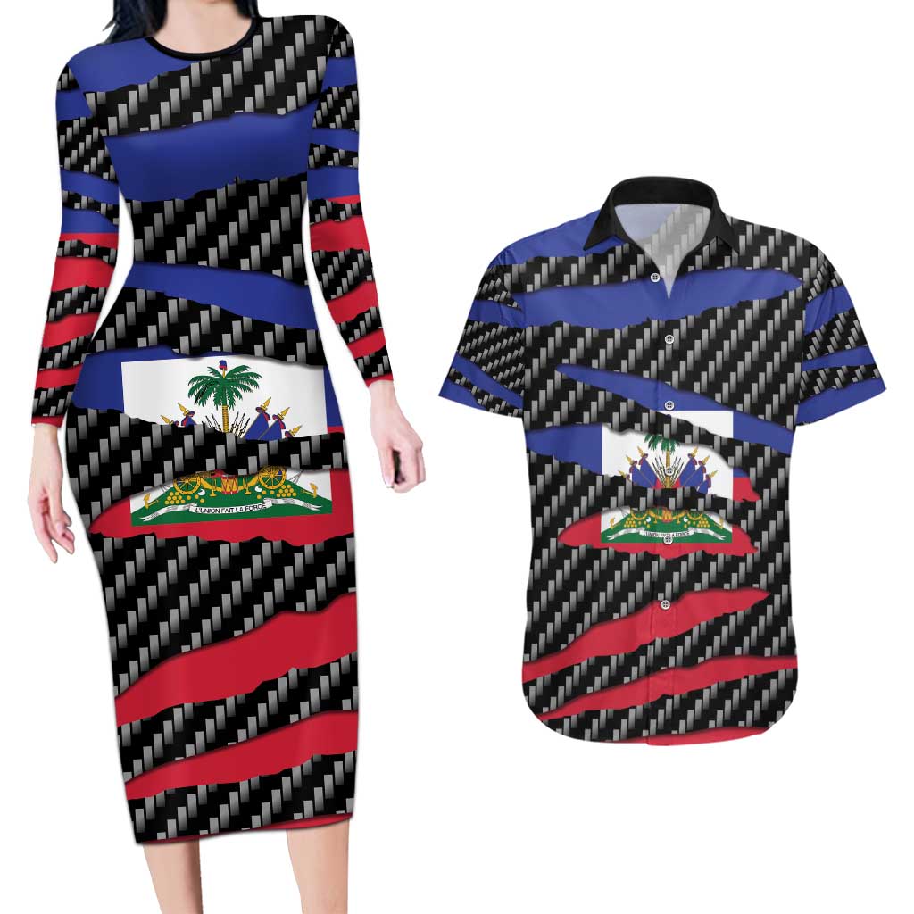 Haiti Beast Couples Matching Long Sleeve Bodycon Dress and Hawaiian Shirt Ripped Flag Graphic - Wonder Print Shop