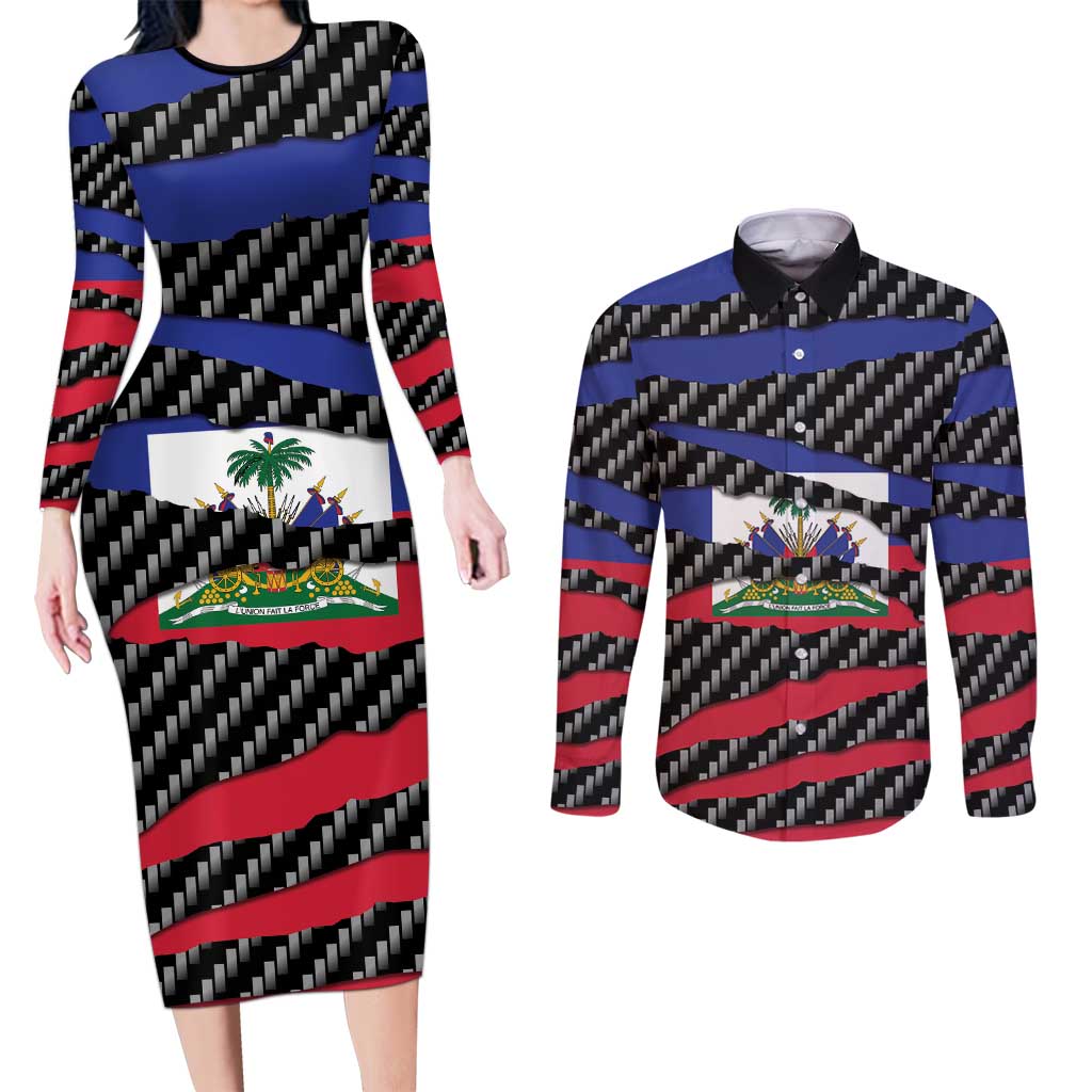 Haiti Beast Couples Matching Long Sleeve Bodycon Dress and Long Sleeve Button Shirt Ripped Flag Graphic - Wonder Print Shop