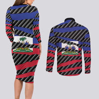 Haiti Beast Couples Matching Long Sleeve Bodycon Dress and Long Sleeve Button Shirt Ripped Flag Graphic - Wonder Print Shop