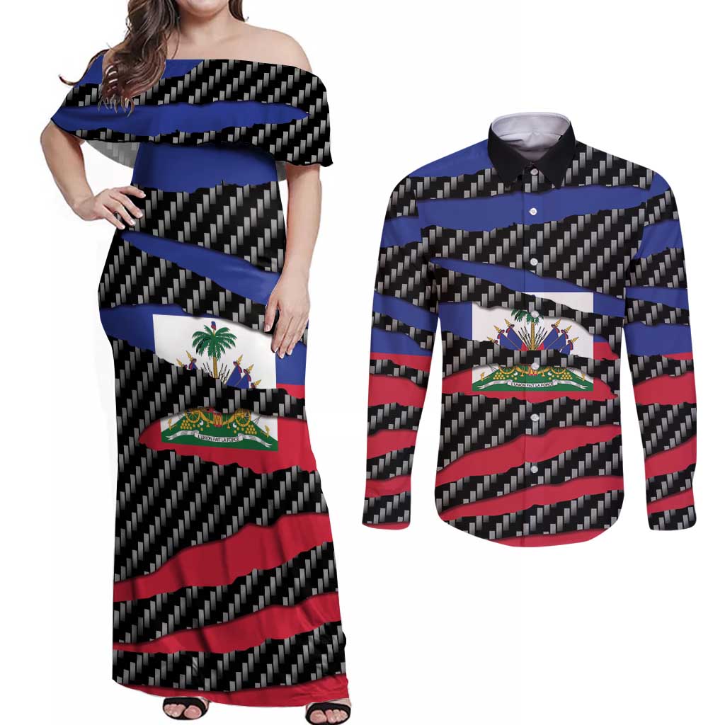Haiti Beast Couples Matching Off Shoulder Maxi Dress and Long Sleeve Button Shirt Ripped Flag Graphic - Wonder Print Shop