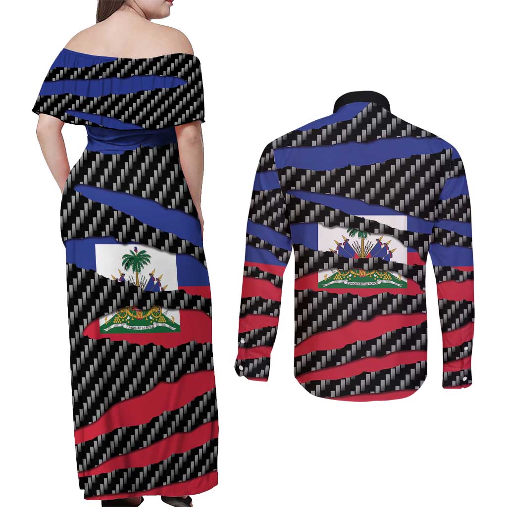 Haiti Beast Couples Matching Off Shoulder Maxi Dress and Long Sleeve Button Shirt Ripped Flag Graphic - Wonder Print Shop