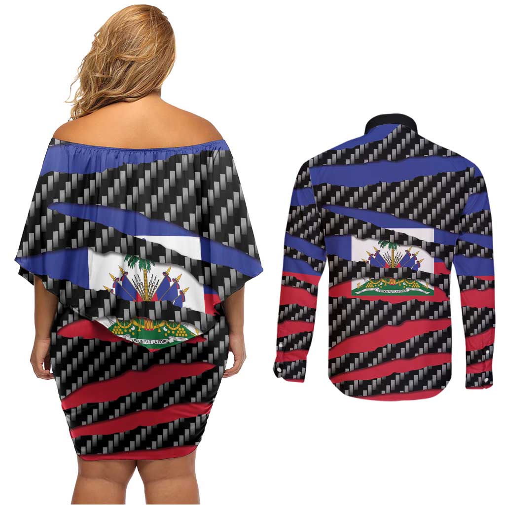 Haiti Beast Couples Matching Off Shoulder Short Dress and Long Sleeve Button Shirt Ripped Flag Graphic - Wonder Print Shop