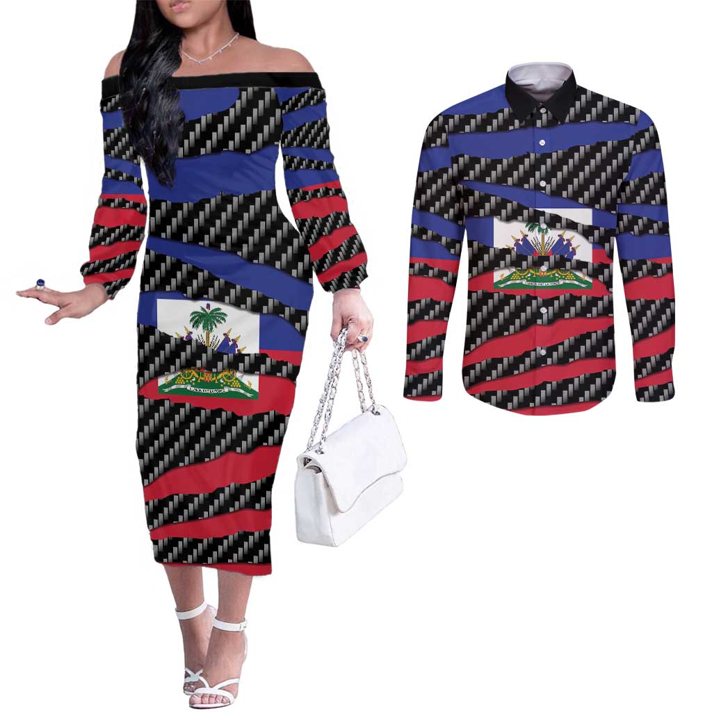Haiti Beast Couples Matching Off The Shoulder Long Sleeve Dress and Long Sleeve Button Shirt Ripped Flag Graphic - Wonder Print Shop