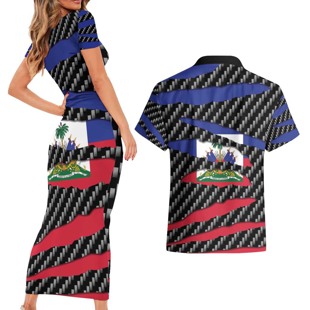 Haiti Beast Couples Matching Short Sleeve Bodycon Dress and Hawaiian Shirt Ripped Flag Graphic - Wonder Print Shop