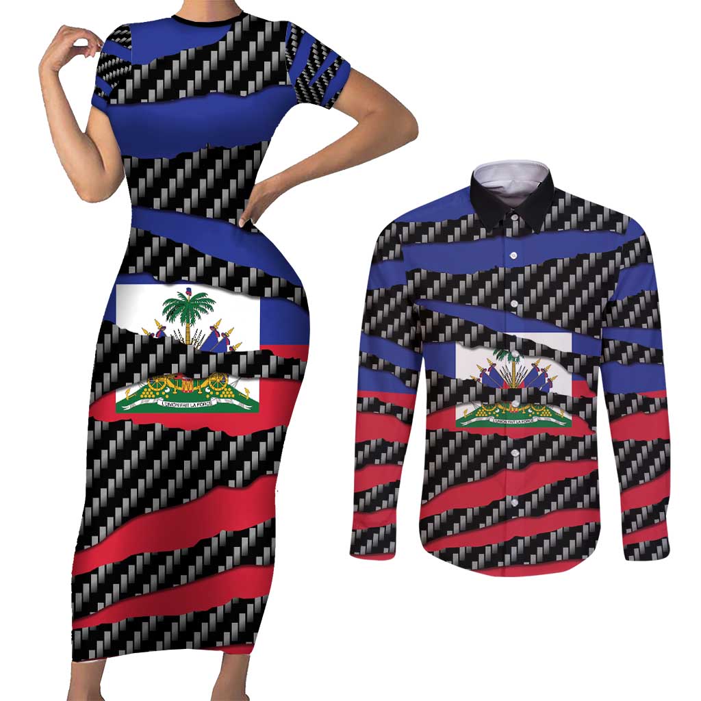 Haiti Beast Couples Matching Short Sleeve Bodycon Dress and Long Sleeve Button Shirt Ripped Flag Graphic - Wonder Print Shop