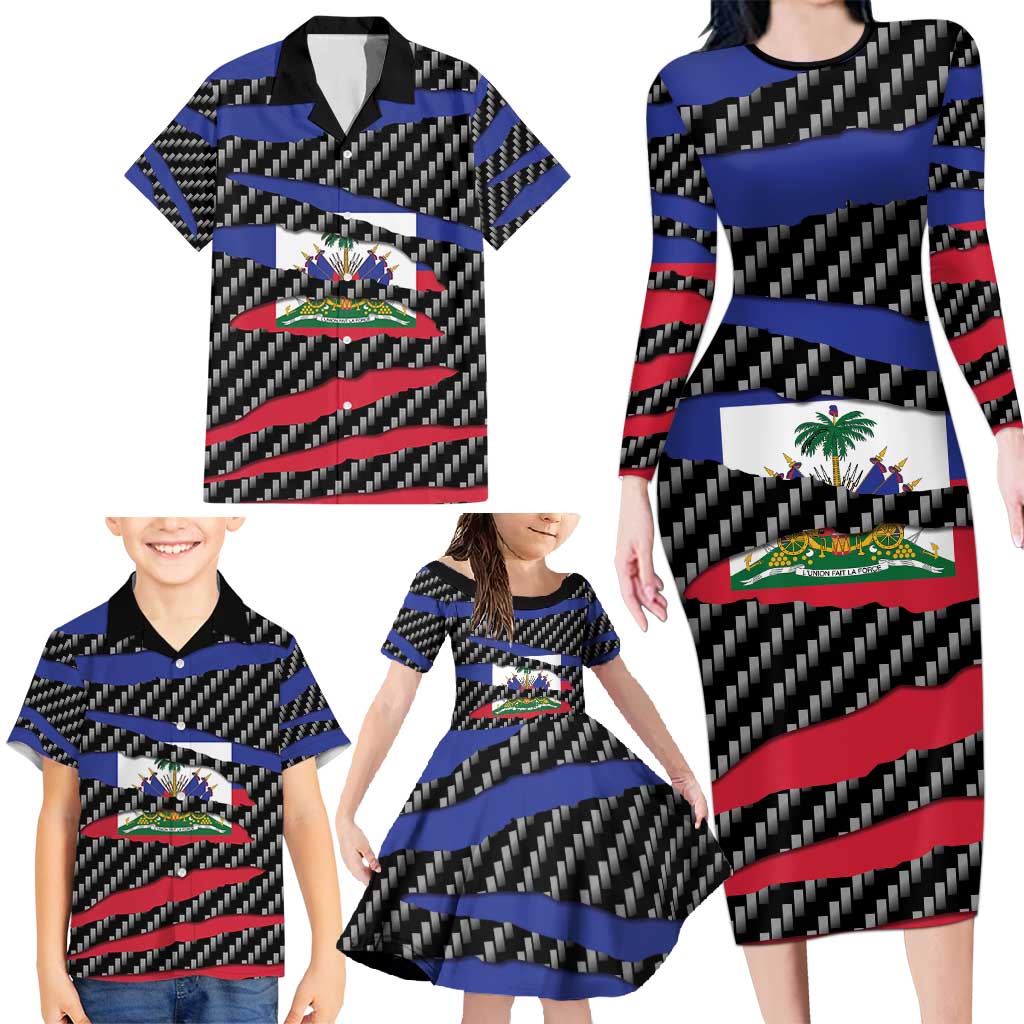 Haiti Beast Family Matching Long Sleeve Bodycon Dress and Hawaiian Shirt Ripped Flag Graphic - Wonder Print Shop