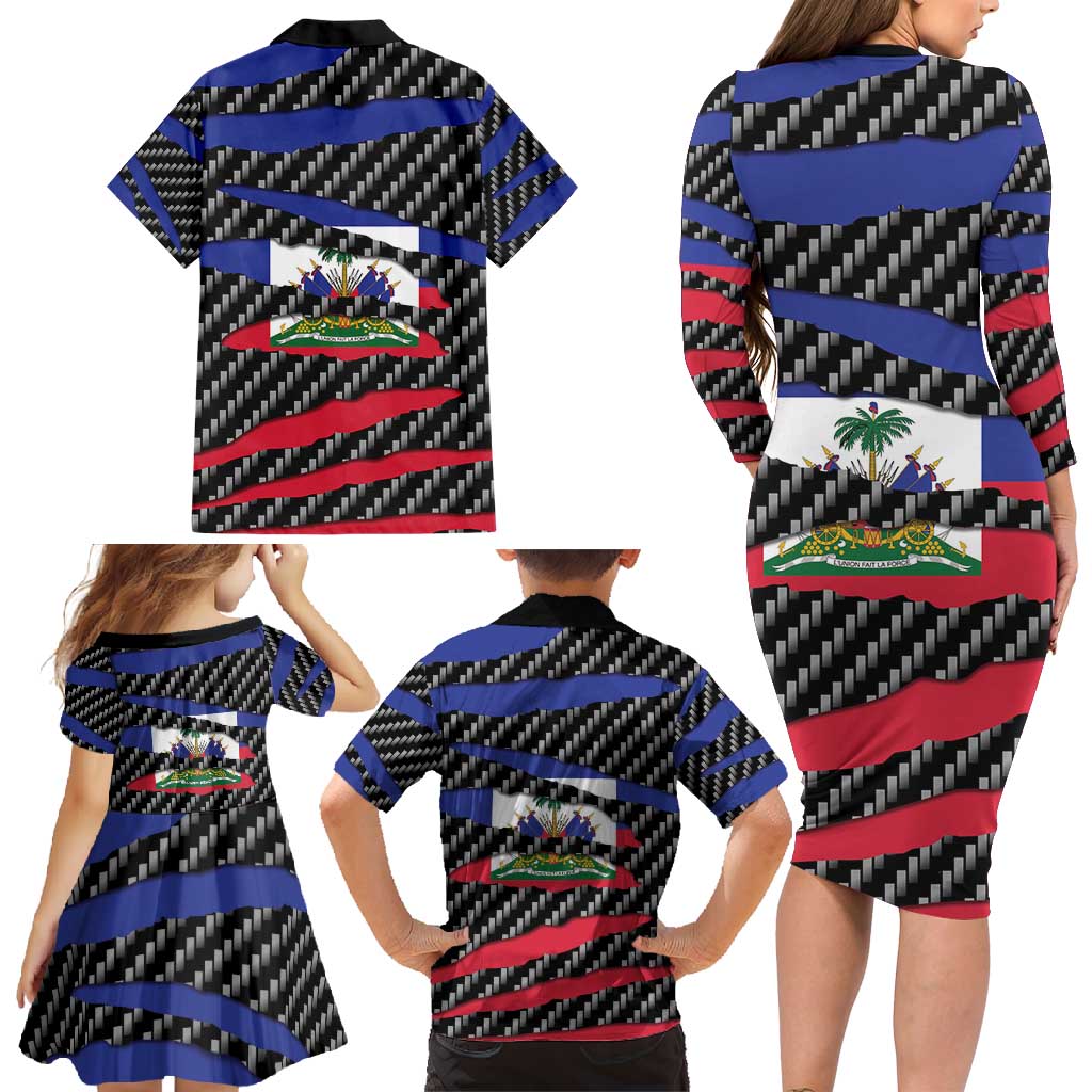 Haiti Beast Family Matching Long Sleeve Bodycon Dress and Hawaiian Shirt Ripped Flag Graphic - Wonder Print Shop