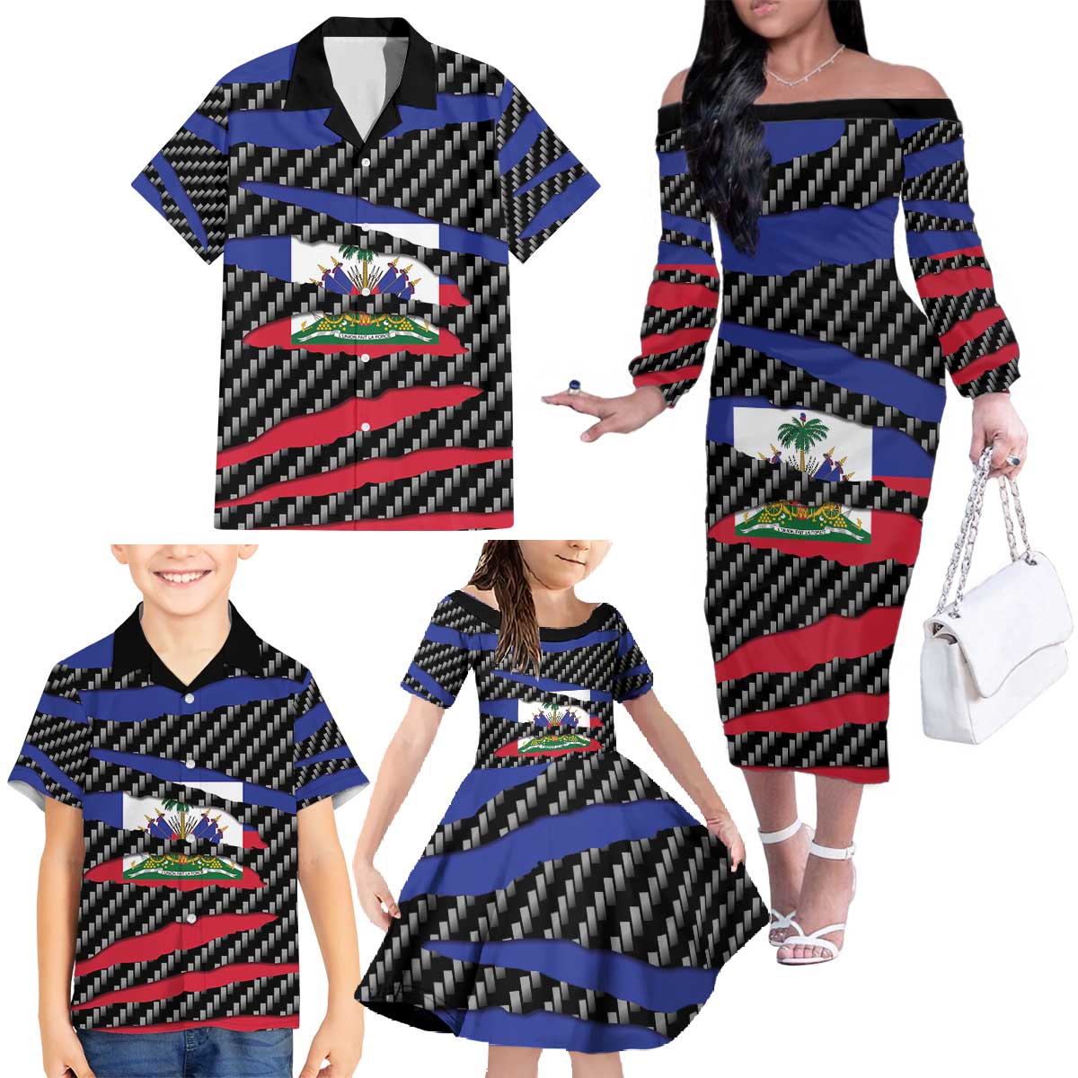 Haiti Beast Family Matching Off The Shoulder Long Sleeve Dress and Hawaiian Shirt Ripped Flag Graphic - Wonder Print Shop