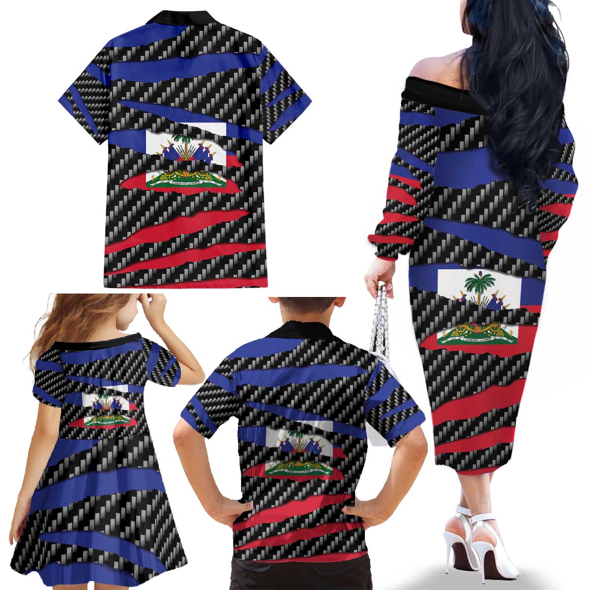 Haiti Beast Family Matching Off The Shoulder Long Sleeve Dress and Hawaiian Shirt Ripped Flag Graphic - Wonder Print Shop